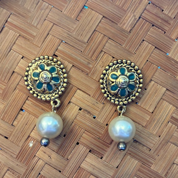Goldtone and Faux Pearl Floral Drop Earrings - Picture 1 of 2